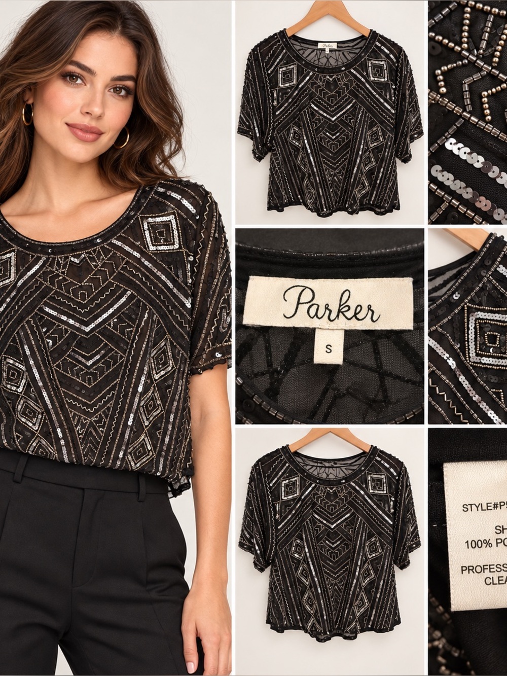 Parker Black Beaded Sequin Geometric Sheer Party Top Size S